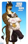 5_fingers absurd_res anthro anthro_on_anthro areola ball_tuft balls big_balls big_breasts big_penis biped bodily_fluids breasts countershade_neck countershading dialogue duo english_text erez_(rmwx) eyebrows female fingers foreskin genital_piercing genitals giraffe giraffid hair half-erect hi_res horn huge_balls huge_breasts huge_penis interspecies lactating lagomorph leporid male male/female mammal medial_ring nipples ossicone owligatorstudios penis penis_piercing piercing pregnant pregnant_anthro pregnant_female rabbit speech_bubble tail tail_tuft text tuft