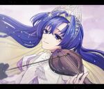  1girl bare_shoulders black_gloves blonde_hair blue_eyes blue_hair bow_(music) closed_mouth colored_inner_hair dress floating_hair gloves gudok hair_intakes hair_ornament hands_up holding holding_bow_(music) instrument kokoshnik letterboxed long_hair looking_at_viewer multicolored_hair music official_alternate_costume ohuman playing_instrument purple_background reverse:1999 single_glove smile solo star_(symbol) star_hair_ornament upper_body very_long_hair voyager_(choir_of_the_stars)_(reverse:1999) voyager_(reverse:1999) white_dress 