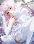  1girl absurdres alternate_costume blue_eyes blush braid breasts citlali_(genshin_impact) closed_mouth commentary_request dress elbow_gloves flower genshin_impact gloves hair_flower hair_ornament highres lace-trimmed_gloves lace-trimmed_thighhighs lace_trim large_breasts long_hair looking_at_viewer lying on_back pink_hair pink_pupils signature sleeveless sleeveless_dress solo sora_(garakuta_waltz) thighhighs veil very_long_hair white_dress white_flower white_gloves white_thighhighs white_veil 