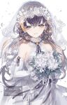  1girl alternate_costume bare_shoulders black_ribbon blue_eyes bouquet bridal_veil brown_hair colored_inner_hair double-parted_bangs dress dress_flower earrings elbow_gloves flower flower_earrings gloves gradient_eyes halter_dress halterneck highres hoja_(hoja1214) holding holding_bouquet jewelry long_hair looking_at_viewer multicolored_eyes multicolored_hair neck_ribbon nijisanji nijisanji_en orange_eyes orange_hair petra_gurin ribbon smile solo straight-on streaked_hair veil virtual_youtuber wedding_dress white_dress white_flower white_gloves 