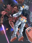  absurdres armor battle blue_eyes commentary energy_sword gundam gundam_gquuuuuux highres holding holding_sword holding_weapon level-00 looking_at_viewer mecha mecha_focus no_humans red_armor red_gundam robot rx-78-2_gundam science_fiction shield space spoilers sword symbol-only_commentary weapon white_armor 