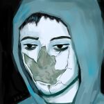 1boy bags_under_eyes black_background black_eyes black_hair blank_stare cracked_skin cry_of_fear exhausted grey_hoodie hood hood_up hoodie kitkke madra_(album) male_focus porcelain portrait short_hair simon_henriksson simple_background solo 