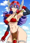  1girl abs absurdres anime_coloring arm_behind_head armor ass_visible_through_thighs bikini_armor black_sleeves blue_eyes blue_sky breasts choker cleavage cloud collarbone commentary_request cowboy_shot curly_hair dragon_quest dragon_quest_iii gloves gradient_sky helmet highres jewelry large_breasts looking_at_viewer muscular muscular_female navel purple_hair red_armor red_gloves red_helmet revealing_clothes sideboob silver_choker silver_thighlet sky smile solo thighlet underboob warrior_(dq3) winged_helmet yuuyuu_(3jjbn) 