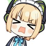  &gt;_&lt; 1girl animal_ear_headphones animal_ears animated animated_gif apron aqua_bow aqua_bowtie black_dress blonde_hair blue_archive blunt_bangs blunt_ends blush_stickers bow bowtie cat_ear_headphones cat_ears chibi chunye_haruya closed_eyes collared_dress commission contrast_collar dress facing_viewer fake_animal_ears green_halo halo headphones long_sleeves lowres maid maid_apron maid_headdress midori_(blue_archive) midori_(maid)_(blue_archive) missing_commentary official_alternate_costume official_alternate_hairstyle open_mouth ponytail second-party_source short_hair shouting sidelocks simple_background solo transparent_background upper_body v-shaped_eyebrows white_apron white_headdress 