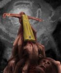  1other absurdres bare_shoulders body_horror cartoon_network corpse cross crucifixion death ed_edd_n_eddy feet highres horror_(theme) nude open_mouth painting_(medium) plank plank_(ed_edd_n_eddy) sky smile t-pose traditional_media 
