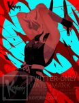  1girl armpits blindfold blonde_hair blood breasts duchess_(elden_ring) elden_ring elden_ring_nightreign gloves highres horns knife koyorin long_hair ninja ponytail sarashi solo weapon 