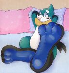 3_toes bed big_feet blep buizel close-up feet feral fin foot_fetish foot_focus full_foot_pawpads furniture generation_4_pokemon hi_res hindpaw lying lying_on_bed male mammal membrane_(anatomy) mokata_(buizel) mustelid neck_ring nid15 nintendo on_back on_bed otter pawpads paws pokemon pokemon_(species) presenting presenting_pawpads shy soles solo toes tongue tongue_out webbed_feet wrinkles