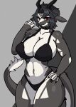 absurd_res anthro big_breasts biped black_bra black_clothing black_panties black_underwear bra breasts chabett clothed clothed_anthro clothed_female clothing dragon female front_view fur grey_body grey_fur hi_res horn huge_breasts looking_at_viewer midriff mythological_creature mythological_scalie mythology navel panties portrait red_eyes scalie simple_background skimpy small_waist smile solo spoldier standing tail tail_tuft three-quarter_portrait tuft underwear white_body white_fur wide_hips