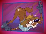 abstract_background alternate_version_at_paywall anthro armor ass_up bandage black_nose bottomless brown_body brown_fur bruised_eye butt canid canine canis clothed clothing coyote cross-eyed digital_drawing_(artwork) digital_media_(artwork) don_coyote facial_hair fangs fur gavanzude glistening glistening_butt hat headgear headwear hi_res injuries male mammal mustache signature skinny solo teeth the_adventures_of_don_coyote_and_sancho_panda
