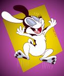 2023 3_toes 4_fingers anthro artist_name barefoot black_body black_ears black_fur black_tail bunnicula bunnicula_(series) digital_media_(artwork) eyes_closed fangs feet fingers fur gavanzude happy hi_res jumping lagomorph leporid long_ears male mammal multicolored_body multicolored_fur open_mouth open_smile pawpads rabbit scut_tail sharp_teeth short_tail smile soles solo tail teeth text toes tongue two_tone_body two_tone_fur two_tone_tail vampire white_body white_fur white_nose white_tail