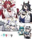  6+girls animal_ears bare_shoulders belt black_dragon_(kemono_friends) blue_dragon_(kemono_friends) blue_eyes blue_hair blush breasts byakko_(kemono_friends) character_doll cleavage collared_shirt doll dragon_ears dragon_girl dragon_horns dragon_tail ear_tufts extra_ears fingerless_gloves fishnet_gloves fishnets genbu_(kemono_friends) gloves green_belt green_eyes grey_hair hair_between_eyes head_wings heart heterochromia highres holding holding_doll holding_stuffed_toy horns huge_breasts hugging_doll hugging_object japari_symbol jinmen-gyo_(kemono_friends) kemono_friends kemono_friends_3 kusamogura long_hair long_sleeves multicolored_hair multicolored_horns multiple_girls necktie red_dragon_(kemono_friends) red_hair scale_print seiryuu_(kemono_friends) shirt shishin_(kemono_friends) skirt sleeveless smile stuffed_toy suzaku_(kemono_friends) tail tiger_ears twintails white_dragon_(kemono_friends) white_hair wings yellow_eyes yellow_horns 