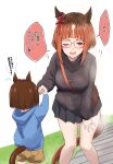  2girls aged_up animal_ears arched_bangs between_breasts black_skirt black_sweater blue_hoodie blunt_bangs breasts brown_hair brown_shorts commentary_request ear_ribbon foot_out_of_frame glasses highres hood hoodie horse_ears horse_girl horse_tail large_breasts leaning_forward long_sleeves medium_hair mother_and_daughter multicolored_hair multiple_girls one_eye_closed open_mouth pleated_skirt purple_eyes red-framed_eyewear red_eyes red_ribbon ribbon roots_(hair) saku_(kudrove) shorts skirt standing strap_between_breasts sweater tail transcend_(umamusume) translation_request umamusume white_hair 