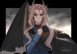  1girl absurdres artist_name black_border black_cape blue_jacket border cape closed_mouth flower grey_eyes grey_hair grey_sky gun hair_ornament hand_up highres holding holding_flower jacket long_hair looking_at_viewer military_uniform outside_border petrification ratanan reverse:1999 rifle rifle_cartridge sentinel_(reverse:1999) sky solo upper_body watermark weapon weapon_on_back 