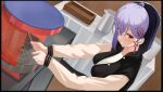  1girl :d ahoge akashiya_yuu black_hair black_jacket blunt_ends blush bob_cut breasts buttons commentary_request crack_lack_good_luck crossed_bangs dutch_angle eyes_visible_through_hair fingernails from_side grey_hair grin hair_behind_ear hair_between_eyes hair_ornament highres indoors jacket large_breasts letterman_jacket long_sleeves looking_at_viewer medium_hair multicolored_hair open_clothes open_jacket original outstretched_arms red_eyes smile smug solo star_(symbol) star_hair_ornament tassel tassel_hair_ornament tft_(tft7822) tile_floor tiles two-tone_hair upper_body v_arms white_sleeves wooden_wall 