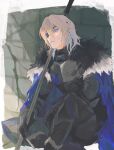  1boy armor armored_legwear bags_under_eyes black_armor black_fur blonde_hair blood blood_on_face blue_cape blue_eyes boots border breastplate cape commentary_request dimitri_alexandre_blaiddyd dimitri_alexandre_blaiddyd_(timeskip) eyepatch fire_emblem fire_emblem:_three_houses fur-trimmed_boots fur_trim hair_between_eyes highres holding holding_polearm holding_weapon knee_up looking_ahead male_focus medium_hair mumu_vosp one_eye_covered parted_bangs parted_lips polearm sitting solo stone_wall teeth weapon white_border white_fur 