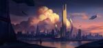  1other chinnkun cityscape cloud dusk facing_away from_behind lake landscape original painterly science_fiction signature sky spacecraft sunlight tower 