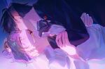  2boys alien_stage black_hair black_shirt closed_eyes collared_shirt commentary green_eyes grey_hair hand_on_another&#039;s_face hand_on_another&#039;s_head hashtag-only_commentary highres holding_another&#039;s_arm ivan_(alien_stage) kiss long_sleeves male_focus multiple_boys nahuhnaur open_mouth shirt short_hair till_(alien_stage) very_short_hair white_shirt yaoi 
