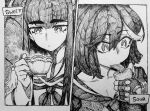  2girls absurdres black_hair chronozbergh commentary cup english_commentary fingerless_gloves food fruit gloves greyscale hatching_(texture) highres junketsu kill_la_kill kiryuuin_satsuki lemon long_hair matoi_ryuuko monochrome multiple_girls senketsu siblings sisters teacup thick_eyebrows traditional_media 