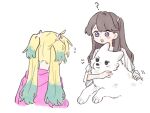  2girls :d ? ahoge basil_(wgh0anzdple3asf) blonde_hair blue_hair brown_hair colored_tips commentary_request dog flying_sweatdrops fujishima_megumi fujishima_megumi_(summer_casual) german_shepherd harino_(love_live!) hood hood_down hooded_jacket jacket jitome korean_commentary link!_like!_love_live! long_hair looking_at_another love_live! mira-cra_park! multicolored_hair multiple_girls official_alternate_costume open_mouth osawa_rurino pink_jacket purple_eyes shout_lines simple_background smile twintails two_side_up virtual_youtuber white_background white_dog 