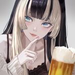  1girl alcohol alternate_costume beer beer_mug black_camisole black_hair blue_eyes camisole cardigan collarbone cup dhbwinner finger_to_own_chin grey_background grey_cardigan highres hime_cut hololive hololive_dev_is juufuutei_raden long_hair looking_at_viewer mug multicolored_eyes multicolored_hair off_shoulder pink_lips pink_nails portrait solo two-tone_hair virtual_youtuber white_hair 