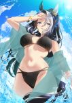  1girl alternate_costume animal_ears bikini black_bikini black_hair bracelet breasts groin hair_ornament hand_on_own_forehead highres horse_ears horse_girl horse_tail jewelry large_breasts long_hair looking_at_viewer matuda_(matudayazo) mejiro_ramonu_(umamusume) multicolored_hair navel outdoors ponytail purple_eyes see-through_clothes solo stomach swimsuit tail two-tone_hair umamusume underboob water 