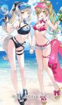  2girls alternate_costume alternate_hairstyle animal_ears aqua_hair baton_(weapon) bikini black_sandals blonde_hair blue_bikini blue_ribbon braid breasts brown_sandals colored_inner_hair dog_ears dog_girl dog_tail earrings frills green_eyes grey_hair hair_flaps hair_ribbon heart heart_earrings highres hinakisara holding holding_hands holding_megaphone jewelry looking_at_viewer megaphone multicolored_hair multiple_girls neck_tassel nijisanji one_eye_closed pink_bikini ribbon ribbon_braid sandals shioriha_ruri short_shorts shorts small_breasts streaked_hair swimsuit tachitsute_toto tail tassel thigh_strap water_gun weapon 