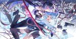  2girls acheron_(honkai:_star_rail) animal_ear_fluff animal_ears arm_up armpits arms_up bare_shoulders black_boots black_gloves black_pants black_shoes black_shorts black_vest blue_eyes blue_hair blush boots breasts carrying carrying_person cleavage commission couple crying crying_with_eyes_open elbow_gloves floating floating_hair from_side gloves gun hair_between_eyes hair_floating_upwards hair_intakes hair_over_one_eye highres honkai:_star_rail honkai_(series) large_breasts leaning_forward leaning_to_the_side long_hair long_sleeves looking_at_another looking_down looking_to_the_side looking_up multicolored_hair multiple_girls oc_x_canon occacia open_mouth original outdoors pants purple_eyes purple_hair rope scared shade shoes short_shorts shorts signature sleeves_rolled_up surprised tail tearing_up tears thigh_boots thighs vest weapon wide-eyed yuri 