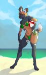 african_wild_dog anthro ball beach beach_ball bikini canid canine clothing female hi_res hooped_earrings inflatable jowoc_art mammal one_eye_closed sang:_the_desert_blade sang_(sang:_the_desert_blade) smile solo swimwear two-piece_swimsuit wink