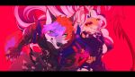 action_pose anthro armor black_bars canid canine canis clothed clothing collar duo fangs felid female hair hi_res jacket leopard letterbox lipstick long_hair makeup male mammal nyushi pantherine pose red_background simple_background skimpy spiked_collar spikes teeth topwear wolf