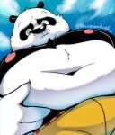 anthro bear belly bulge dreamworks fur giant_panda hi_res kung_fu_panda low-angle_view male mammal master_po_ping multicolored_body multicolored_fur navel nipples overweight solo spacepandabear