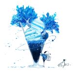  1other absurdres artist_name backpack bag blue_flower blue_jacket blue_petals cherry_blossoms commentary cup falling_petals flower food glass gloves helmet highres ice_cream jacket kazunoko_(kazunoko_zunoco) looking_at_food looking_up mini_person orbited original parfait petals planet radio_antenna signature simple_background solo space space_helmet standing star_(sky) tree white_background white_gloves 