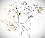 2022 anthro anus arthropod arthropod_abdomen artist_name barely_visible_anus big_butt blush blush_lines bottomless butt butt_dimples clothed clothing dialogue english_text fart fart_cloud fart_fetish female grunting hand_on_butt hollow_knight iselda_(hollow_knight) jubb leaning leaning_forward leaning_on_table looking_at_viewer looking_back looking_back_at_viewer orange_fart_cloud presenting presenting_hindquarters solo speech_bubble spread_butt spreading talking_to_viewer team_cherry text