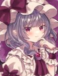  1girl grey_hair hat jaku_sono medium_hair mob_cap pink_hat pink_shirt purple_background red_eyes remilia_scarlet shirt simple_background solo touhou upper_body 
