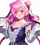  1girl :3 armband artist_name black_dress blush bow breasts cleavage closed_mouth commentary_request detached_sleeves double_bun dress emphasis_lines frilled_armband frills hair_bun hair_ribbon hands_up highres indie_virtual_youtuber koruku_rochi kuroda_(kuro_yyy) large_breasts long_hair long_sleeves looking_at_viewer pink_eyes pink_hair purple_bow purple_ribbon ribbon signature simple_background sleeveless sleeveless_dress sleeves_past_fingers sleeves_past_wrists solo upper_body very_long_sleeves virtual_youtuber white_background white_sleeves 