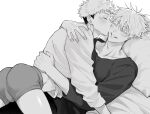  2boys adam&#039;s_apple ass bed blush closed_eyes collarbone commentary_request crew_neck eyelashes facial_mark feet_out_of_frame gojou_satoru greyscale grin hair_between_eyes highres itadori_yuuji jujutsu_kaisen kiss kissing_cheek long_sleeves lying male_focus male_underwear midriff_peek monochrome multicolored_hair multiple_boys on_back pants pillow pz00990801 shiny_skin shirt short_hair simple_background smile teeth two-tone_hair underwear white_background yaoi 