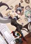  3girls absurdres alexandrina_sebastiane alternate_costume animal_ears arm_support ass bare_shoulders black_hair black_leotard black_pantyhose black_ribbon black_shoes blush breasts choker colored_inner_hair commentary_request corin_wickes dutch_angle ellen_joe fake_animal_ears film_grain fins fish_tail frilled_wristband frown full_body furrowed_brow green_hair hair_between_eyes hair_intakes hair_ribbon hairband hand_up hands_on_own_cheeks hands_on_own_face high_heels highleg highleg_leotard highres indoors legs leotard looking_at_viewer maid maid_headdress medium_breasts metal_hairband multicolored_hair multiple_girls nail_polish open_mouth pantyhose peeking_out playboy_bunny portrait_(object) purple_eyes rabbit_ears red_eyes red_hair red_nails ribbon scar scar_on_tail screw_hair_ornament shark_girl shark_tail shoes short_hair solo_focus spiked_choker spiked_headband spikes standing standing_on_one_leg strapless strapless_leotard table tail tail_raised teeth thick_eyebrows twintails two-tone_hair upper_teeth_only user_xnkx8754 v-shaped_eyebrows wavy_mouth zenless_zone_zero 
