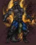  abstract_background anthro biceps bulge canine captainjohkid chest_tuft claws clothed clothing digitigrade fangs fire fur half-dressed loincloth male mammal muscles necklace open_mouth pecs pose red_eyes shorts solo standing topless tuft unknown_artist were werewolf wolf 