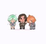  1boy 2girls ;) ;d backpack bag black_eyes blush brown_eyes brown_hair chibi chibi_only coat cove_holden crab_print crying dolpxler full_body fur_collar green_hair grey_tank_top hair_between_eyes hand_on_own_hip highres in-franchise_crossover looking_at_viewer medium_hair multiple_girls one_eye_closed orange_hair our_life our_life:_beginnings_and_always our_life:_now_and_forever qiu_lin_(our_life) red_scarf sandals scarf shadow shoes shoulder_bag sidelocks smile standing tamarack_baumann tank_top v white_background white_shoes winter_clothes winter_coat 