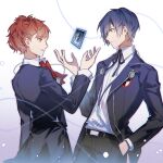  1boy 1girl black_jacket black_pants black_ribbon black_skirt blue_eyes blue_hair brown_hair card floating_card gekkoukan_high_school_uniform hand_in_pocket hashtag-only_commentary highres jacket lluyss long_sleeves neck_ribbon pants parted_lips persona persona_3 persona_3_portable ponytail red_eyes red_ribbon ribbon school_uniform shiomi_kotone shirt short_hair skirt white_background white_shirt yuuki_makoto_(persona_3) 