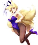  alternate_costume animal_ears blonde_hair blue_leotard blush bow bowtie breasts brown_legwear bunny_ears bunny_girl bunnysuit cleavage commentary_request dearmybrothers detached_collar extra_ears fox_ears fox_tail high_heels highres large_breasts legs_folded leotard multiple_tails no_hat no_headwear pantyhose shoes short_hair simple_background solo tail touhou white_background wrist_cuffs yakumo_ran yellow_eyes 