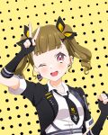  1girl ;d absurdres black_gloves black_jacket black_necktie center-flap_bangs collared_shirt commentary dotted_background earrings elbow_gloves fingerless_gloves gloves hair_ornament highres i_do_me!_(love_live!) jacket jewelry kachimachi_kosuzu kujo_awenn link!_like!_love_live! looking_at_viewer love_live! mismatched_earrings necktie official_alternate_costume one_eye_closed open_clothes open_jacket open_mouth shirt short-sleeved_jacket short_sleeves smile solo stud_earrings twintails upper_body virtual_youtuber white_shirt x_hair_ornament yellow_background 