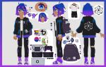  1girl absurdres ametrine_(bazzite) atom backpack bag bisexual_flag bisexual_flag_pin black-framed_eyewear black_bag black_hoodie blue_eyes blue_hair breasts cable color_guide computer controller double-parted_bangs drawstring earrings eyewear_on_head game_controller gamepad glasses gnome_(software) gradient_eyes gradient_hair grey_background hair_bun handheld_game_console highres hood hood_down hoodie jewelry kde kneepits laptop linux logo long_sleeves mascot multicolored_eyes multicolored_hair multiple_expressions multiple_views open_clothes open_hoodie pants parted_bangs pocket poulpi progress_pride_flag purple-tinted_eyewear purple_eyes purple_hair rainbow_flag reference_sheet round_eyewear shoes short_hair simple_background single_hair_bun small_breasts smile sneakers standing steam_deck tinted_eyewear turnaround unworn_backpack unworn_bag 