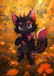 anthro digital_media_(artwork) domestic_cat felid feline felis female field flower fluffy fluffy_tail fur hi_res looking_at_viewer mammal plant potatosheep smile solo sun sunset tail twilight