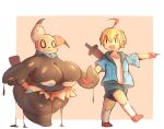 anthro big_breasts black_body blonde_hair bottomwear breasts clothing duo female footwear generation_7_pokemon gloves hair hand_holding handwear hi_res huge_breasts huge_thighs human jacket lightmizano male mammal melee_weapon mimikyu nintendo obese overweight pokemon pokemon_(species) shirt shoes shorts slightly_chubby socks sword thick_thighs topwear weapon
