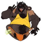 2025 anthro barabait barazoku belly_hair body_hair bovid bovine bulge chai_(bisontote) clothing ear_piercing facial_piercing gesture hair hand_gesture hi_res horn jockstrap male mammal muscular navel nipples nose_piercing nose_ring piercing pubes ring_piercing shirt solo tank_top tongue tongue_out topwear underwear v_sign watermark