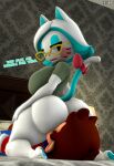 accessory anthro black_eyes bow_ribbon breasts brown_hair butt duo english_text eyewear facesitting female female_facesitting_male furgonomics glasses glitch_productions hair hi_res human karen_(smg4) male male/female mammal mario mario_bros nintendo relliksb ribbons sitting sitting_on_another smg4 tail tail_accessory tail_bow tail_ribbon text white_body