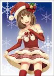  amagami bare_shoulders bow bridal_gauntlets brown_eyes brown_hair christmas detached_sleeves dress hair_bow hat holly nakahara_(fukufuku) open_mouth santa_hat skirt skirt_lift smile snowflakes solo tanaka_keiko thighhighs zettai_ryouiki 