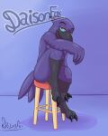  arm_feathers arm_on_knee avian avian_feet barely_visible_breasts beak bird black_beak breasts corvid corvus_(genus) daison_the_fox doom_(the_bad_guys) dreamworks eyelashes feathers feet female foot_on_chair furniture hi_res looking_at_viewer nude oscine passerine purple_body purple_feathers raven simple_background solo stool tail tail_feathers talons the_bad_guys toes 