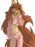 2025 3:4 5_fingers abdominal_tattoo anthro apogee_(tinygaypirate) bottomwear brown_eyes brown_hair brown_tail canid canine canis choker clothed clothed_anthro clothed_female clothing digital_media_(artwork) domestic_dog ear_piercing female fingers front_view fully_clothed fully_clothed_anthro fully_clothed_female fur hair hi_res inner_ear_fluff jewelry long_hair long_tail looking_at_viewer mammal navel necklace one_ear_up piercing simple_background solo standing tail tan_body tan_fur tattoo tinygaypirate topwear tuft white_background