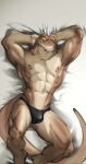 abs anthro bed_sheet bedding bedroom_eyes black_clothing black_underwear bulge clothed clothing dagantfus_(artist) hands_behind_head hi_res male mostly_nude muscular muscular_anthro muscular_male my_dad_the_bounty_hunter narrowed_eyes nipple_piercing nipples pecs piercing pose raised_arm reptile scalie seductive solo speedo speedo_only swimwear tail teeth topless underwear underwear_only widowmaker_(mdtbh) yellow_eyes